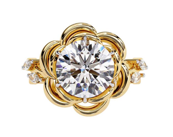 Lotus Flower Moissanite Engagement Ring in Yellow Gold Round Solitaire Artistic Bloom Design Romantic Bridal Jewelry Gift