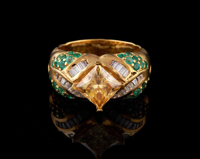 1.98 CT Luxury Gold Hip Hop Ring Yellow Princess Cut Gem with Emerald Green Accents Iced Out Baguette Bling Statement Jewelry for  Women