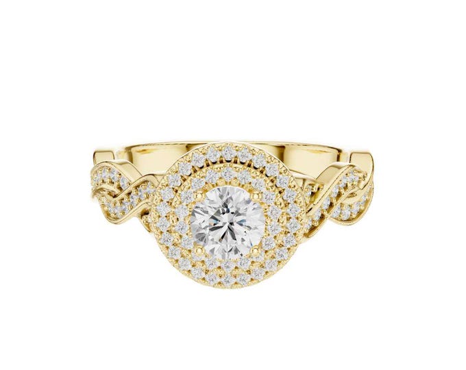 Double Halo Moissanite Ring: Twisted Gold Band, Elegant Bridal Jewelry
