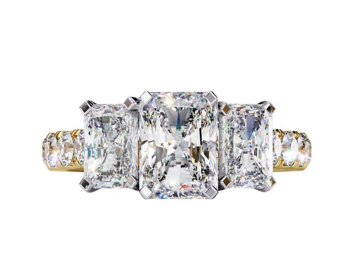 Three Stone Radiant Cut Moissanite Ring 3.00 TCW Trilogy Ring with Dainty Diamond Band Custom Fine Bridal Jewelry Gift for Beautiful Women