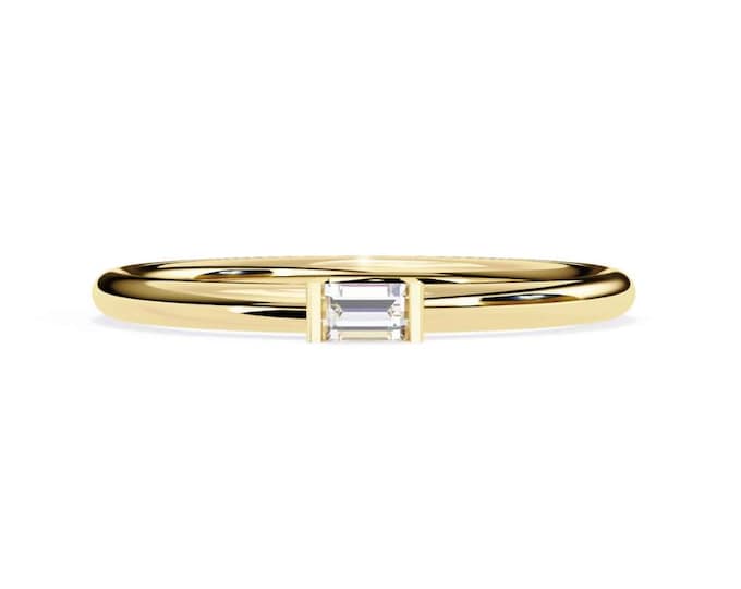 Minimalist Baguette Hot Spelling Moissanite Ring in Yellow Gold Dainty Elegant Stacking Ring Delicate Everyday Jewelry Gift for Women