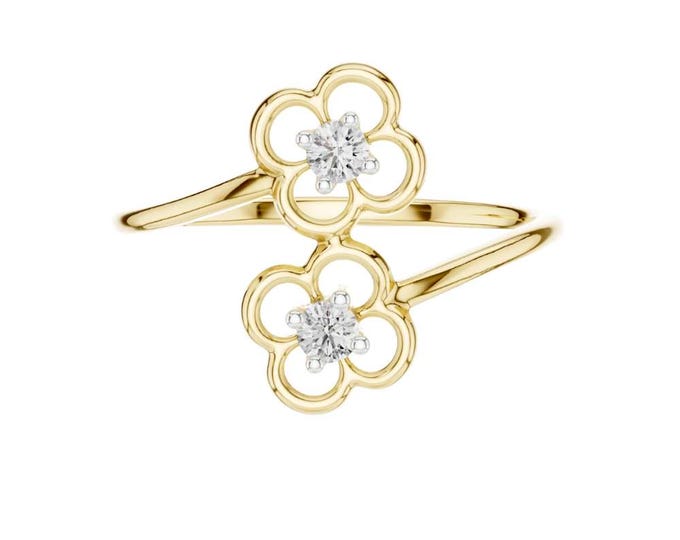 Gold Floral Diamond Ring - Adjustable Two-Tone Flower Design with Sparkling Diamonds - Perfect Gift for Her flower finr jewelry ring