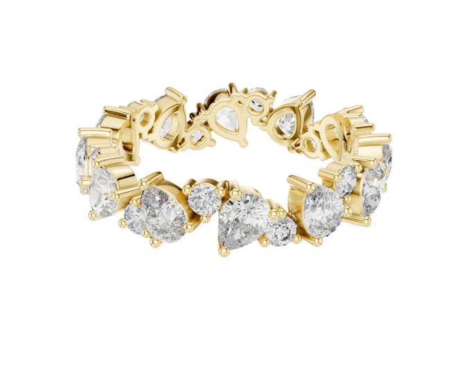 Custom Luxury Eternity Ring with Heart Prong Setting Round Cut Moissanite Full Band Yellow Gold Anniversary or Stacking Ring Unique Jewelry