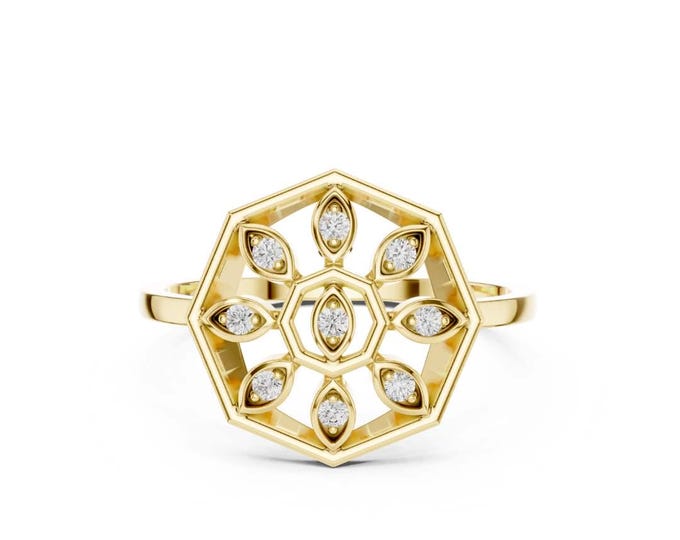 Gold mandala ring with moissanite geometric flower ring for women spiritual sacred geometry ring boho statement ring unique gold jewelry