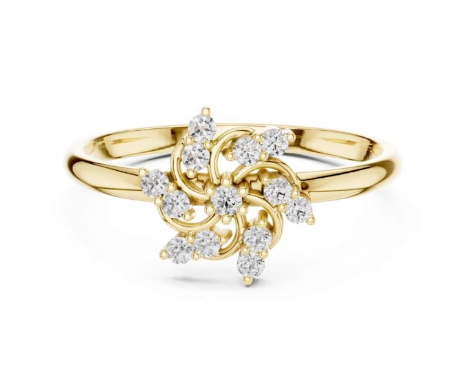 0.106 CT Whimsical Spiral Floral Diamond Ring in 14K Gold Unique Swirl Cluster Setting Nature Inspired Engagement Ring Dainty Bridal Jewelry