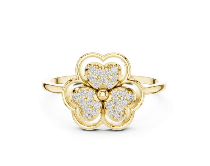 Stunning Flower Ring with Moissanite Diamonds Four Leaf Clover Design Dainty Elegant Ring Lucky Charm Jewelry Gift for Her