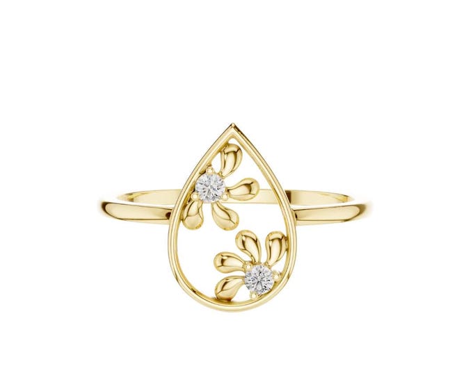 Gold teardrop ring with moissanite floral design delicate nature inspired jewelry for women minimalist flower  botanical stacking ring