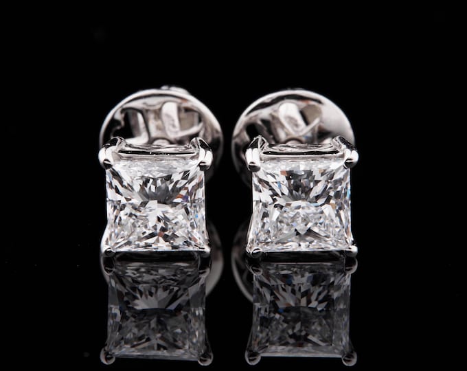 2 CT Princess Cut Button Prong Moissanite 14k Solid White Gold Diamond Earring Studs Earrings Wedding Anniversary Gift For Her