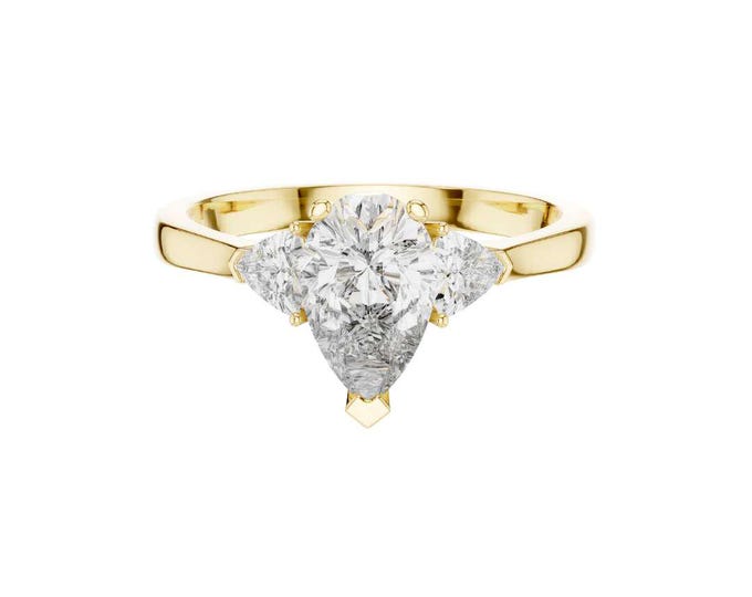 Three Stone Pear Cut Engagement Ring 14K Yellow Gold Diamond Ring with Trillion Side Stones Vintage Inspired Bridal Wedding Jewelry