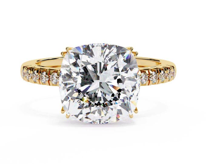 Cushion Cut Moissanite Engagement Ring in Gold, Silver, Rose Gold with Pave Diamond Band Luxury Sparkling Bridal Jewelry Gift for Women