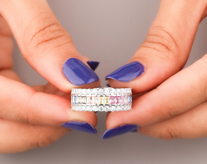 Shiny  Eternity Band Ring Rainbow Princess Cut with Double Row Round Stones Sterling Silver Colorful Wedding Band Pride Stacking Ring