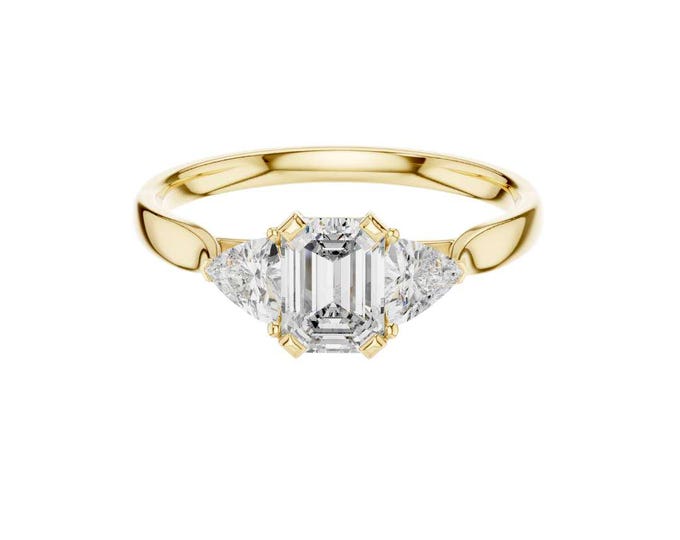 Emerald Cut Moissanite Three Stone Engagement Ring 14K Yellow Gold Ring with Trillion Side Diamonds Minimalist Vintage Inspired Bridal Ring