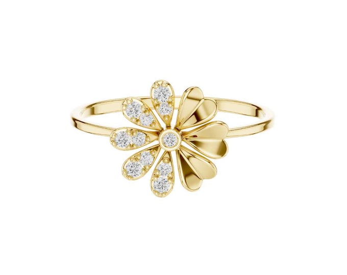 Floral Moissanite Ring with Round Cut Diamond Accents Elegant Flower Inspired Romantic Designer Jewelry for Women Bridal or Everyday Wear