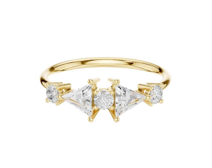 Modern Geometric Five Stone Moissanite Ring in Gold Unique Trillion Cut and Round Diamond Inspired Band Contemporary Bridal Jewelry Gift