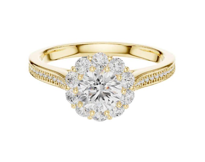 Delicate Halo Wedding Ring Round cut Moissanite Center with Diamond Accents Vintage Floral Cluster Ring Elegant Bridal Ring Jewelry