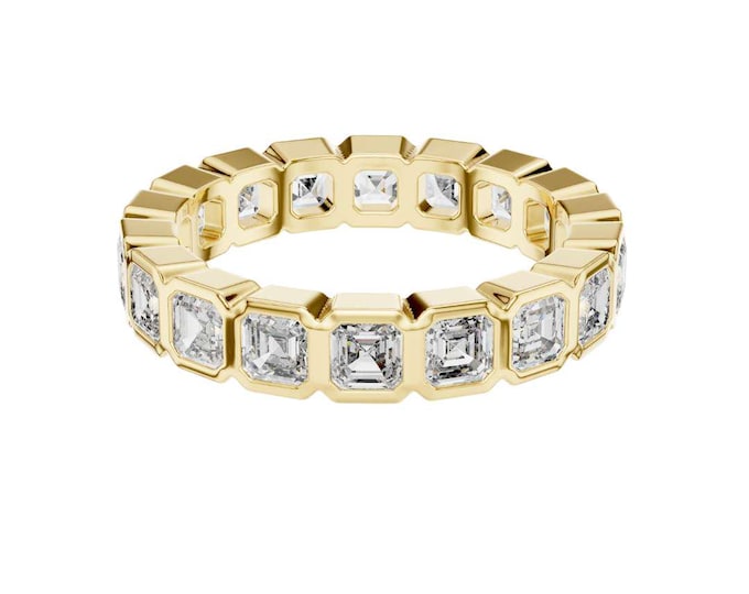 Gold Emerald Cut Moissanite Diamond Eternity Band Ring Square Cut Diamond Full Eternity Wedding Band Classic or Stacking Jewelry for Women