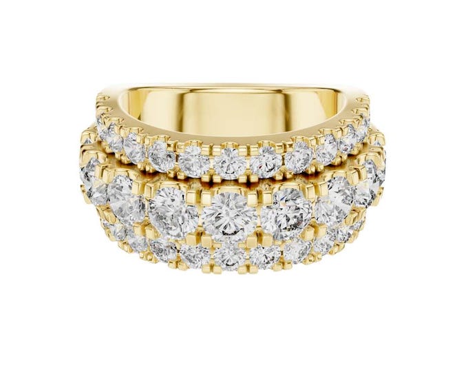 Luxurious Multi Row Diamond Band Ring in Gold with Triple Layer Round Cut Stones Bold Statement Jewelry Anniversary or Special Occasion Gift