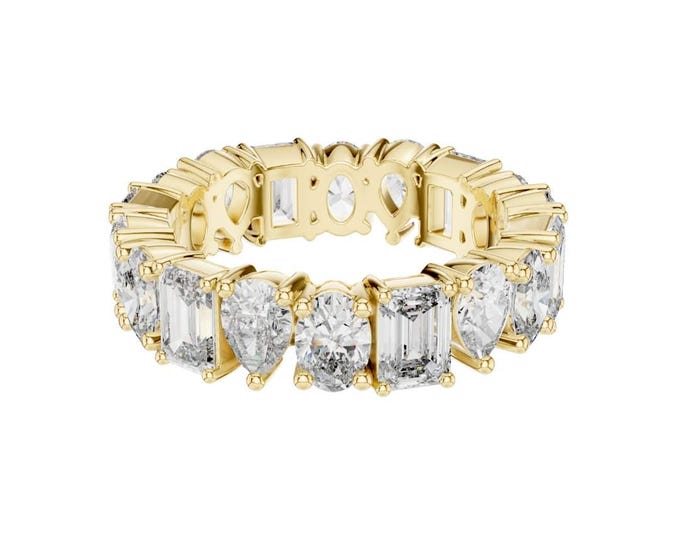 Luxe Anniversary Mixed Cut Diamond Eternity Band Unique Statement Wedding Ring Bold Bridal Ring with Emerald Pear Oval Cuts Jewelry