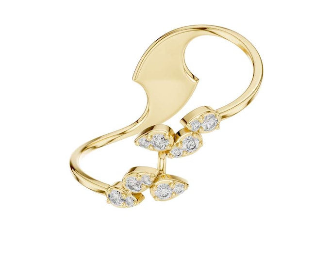 Modern Gold Open Ring with Leaf Shaped Moissanite Diamond Accents Artistic Statement Bridalset Jewelry Contemporary Ring Gift for Her