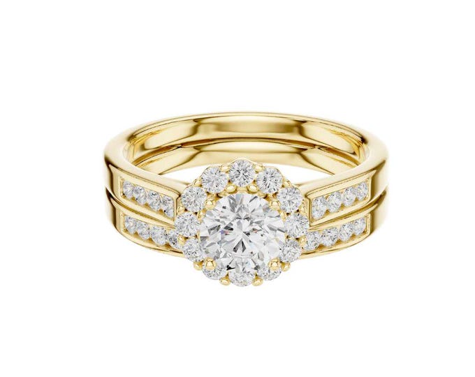 14K Yellow Gold Moissanite Halo Bridal Ring Set: Split Shank Engagement Jewelry