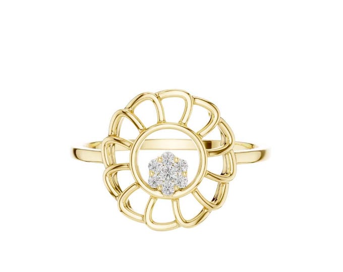 Gold Flower Diamond Ring Delicate Floral Openwork Ring Unique Petal Design with Center Diamond Minimalist Gold Jewelry Gift for Her