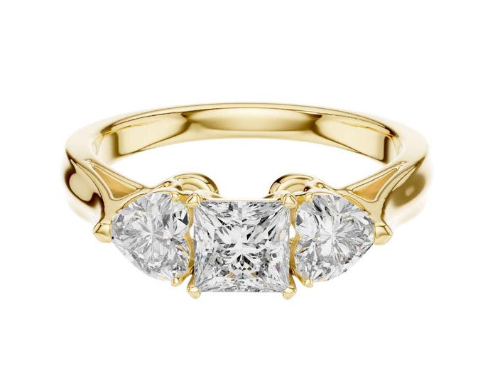 Classic Princess Cut Moissanite Ring Three Stone 14K Yellow Gold Ring Heart Shaped Side Stones Unique Bridal Jewelry Luxury Anniversary Ring