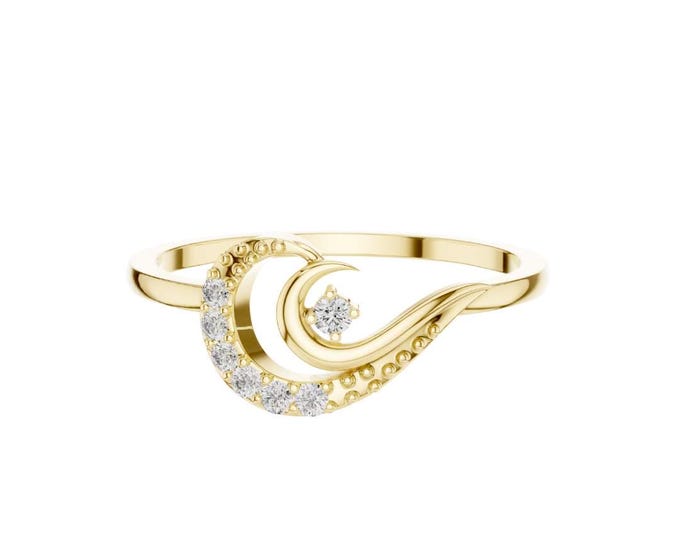 Gold Wave Ring with Moissanite Dainty Solitaire Ring Minimalist Gold Jewelry Elegant Promise Ring for Women Unique Engagement Gift for Her