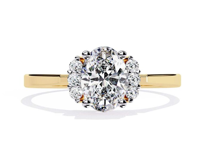 Oval Cut Diamond Cluster Engagement Ring Yellow Gold Band with Sparkling Side Accents Elegant Classic Bridal Ring Timeless Proposal Jewelry
