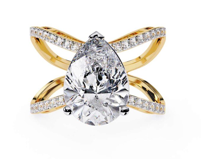 Pear Cut Diamond Elegant Ring 4.62 TCW Cross Double Band Ring in Yellow Gold Pave  Statement Bridal Jewelry Unique Wedding Gift for Her