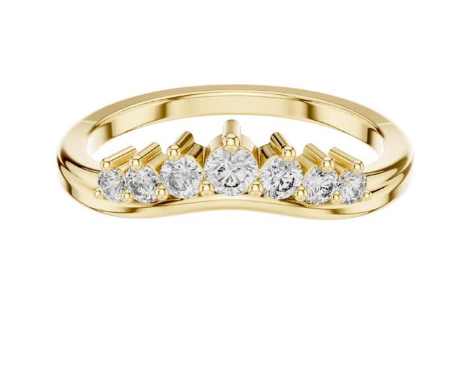 Fine Curved Diamond Wedding Band Gold Contour Ring with Round Cut Stones Unique Chevron Stacking Band  Anniversary Jewelry Gift for Her
