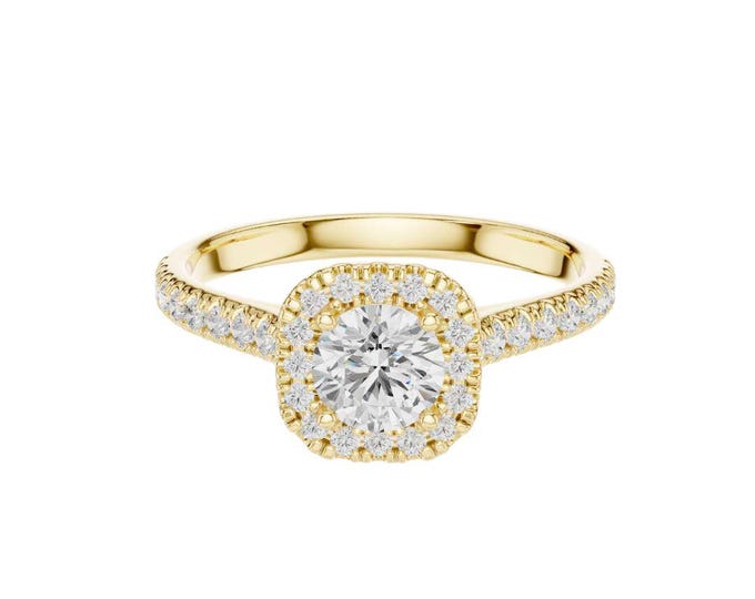 Cushion Halo Round Cut Diamond Engagement Ring in Yellow Gold –Classic Pave Band Bridal Jewelry Anniversary & Wedding Gift