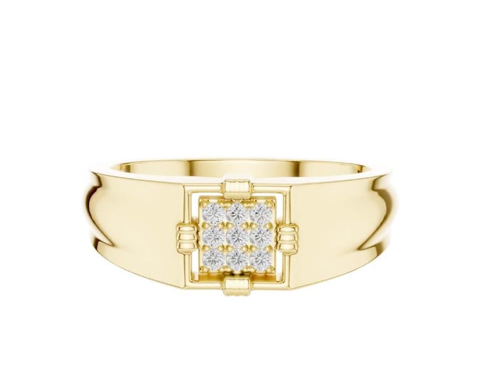 Latest Gold Ring with Square Cluster of Sparkling Diamonds Modern Luxury Statement Band Unique Handmade Jewelry Gift for Him