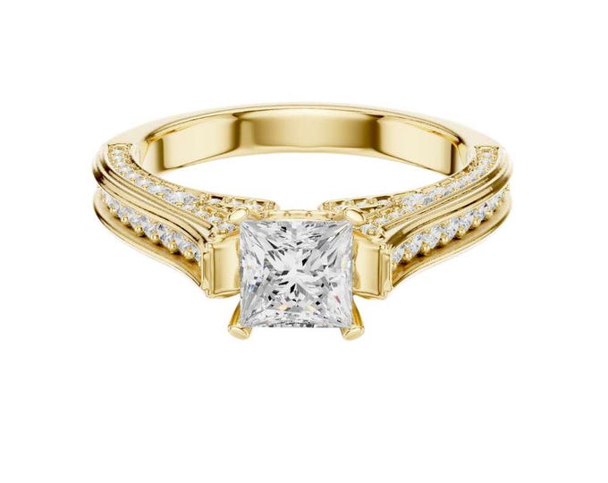 Princess Cut Engagement Ring  Solitaire with Side Stones Timeless Gold Band with Brilliant Accents Classic Wedding Ring for Her