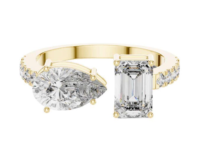 Modern Toi et Moi Moissanite Ring Pear and Emerald Cut Duo Open Band Statement Ring Two Stone Wedding Ring Unique Minimalist Bridal Jewelry