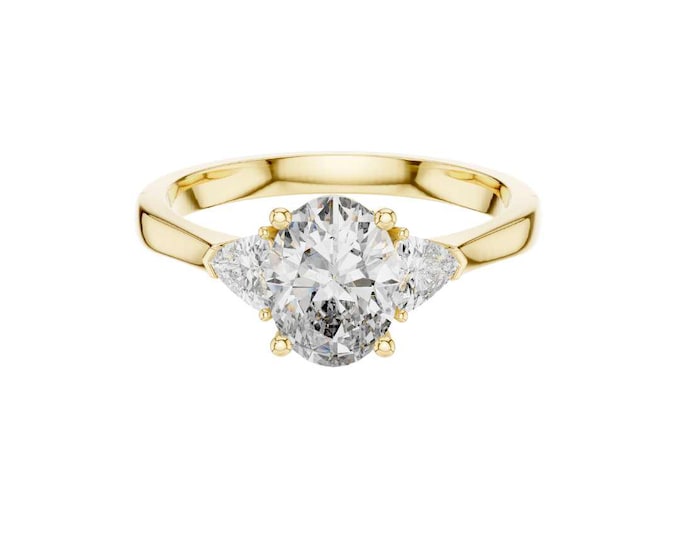 Three Stone Oval Cut Engagement Ring 14K Yellow Gold Diamond Ring Trillion Side Stones Vintage Inspired Wedding Ring Elegant Bridal Jewelry