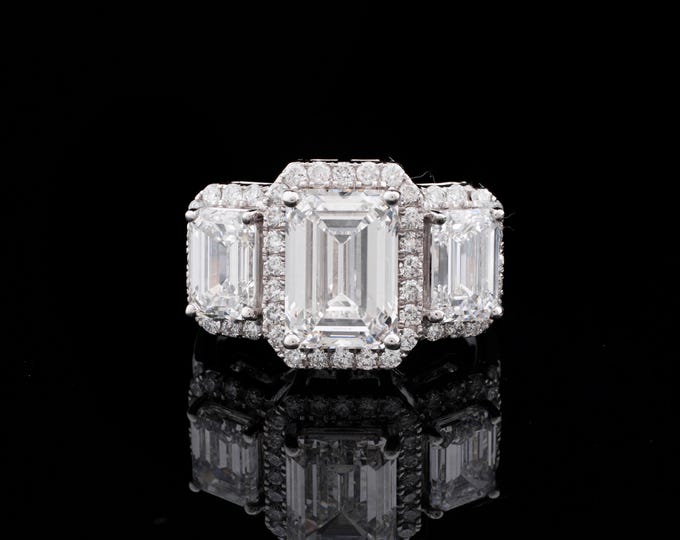 3.00 TCW Emerald Cut Moissanite Dimond Engagement Ring 14K Solid Gold Three Stone Halo And Pave Set Wedding Anniversary Gift Ring For Her