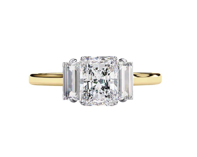 Baguette Side Stones Classic Vintage Inspired Bridal Jewelry Gift with Radiant Cut Three Stone Moissanite Engagement Ring in Yellow Gold
