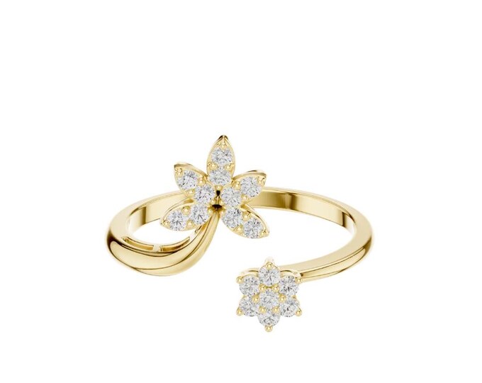 Floral Diamond Ring in 14K Gold Dainty Flower Bypass Ring Adjustable Open Ring Nature Inspired Promise Ring Elegant Wedding Gift for Her