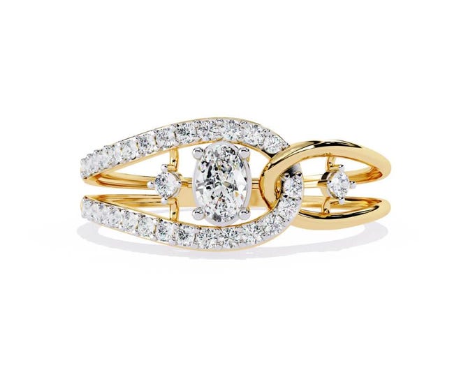 Unique Gold Diamond Link Ring Oval Cut Center with Accent Stones Modern Designer Statement Ring Luxury Wedding or Fashion Jewelry