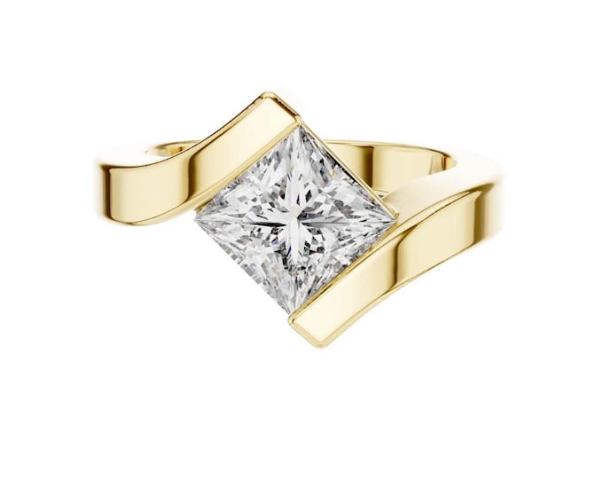 Princess Cut Diamond Solitaire Ring in Modern Tension Setting  Unique Gold Engagement Ring Contemporary Statement Band for Women & Men
