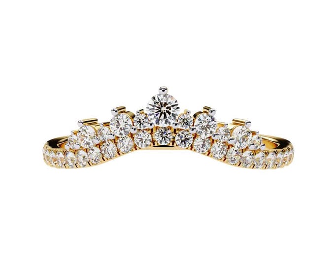 Tiara Moissanite Wedding Band Bright Gold Crown Inspired Diamond Ring Luxury Stacking Band Elegant Bridal Jewelry Anniversary Gift for Her