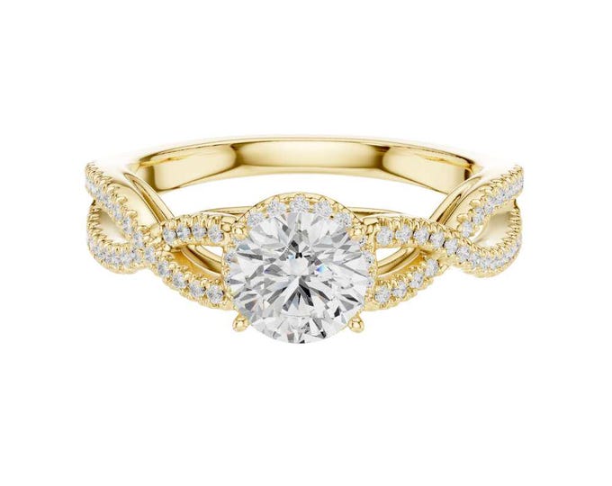Fantastic Twisted Gold Ring with Round Moissanite Diamonds Unique Hidden Halo Diamond Ring Elegant Bridalset Ring Dainty Promise Ring