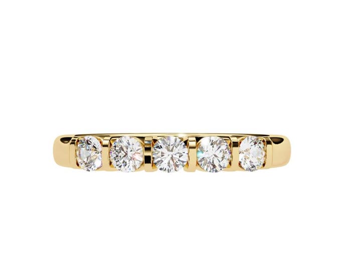 Moissanite Five Stone Ring: Yellow Gold Half Eternity Anniversary Band