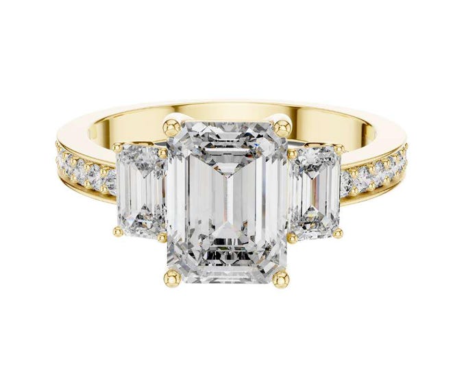 Three Stone Emerald Cut Moissanite Engagement Ring 14K Yellow Gold Ring with Side Stones  Classic Trilogy Bridal Ring Elegant Promise Ring