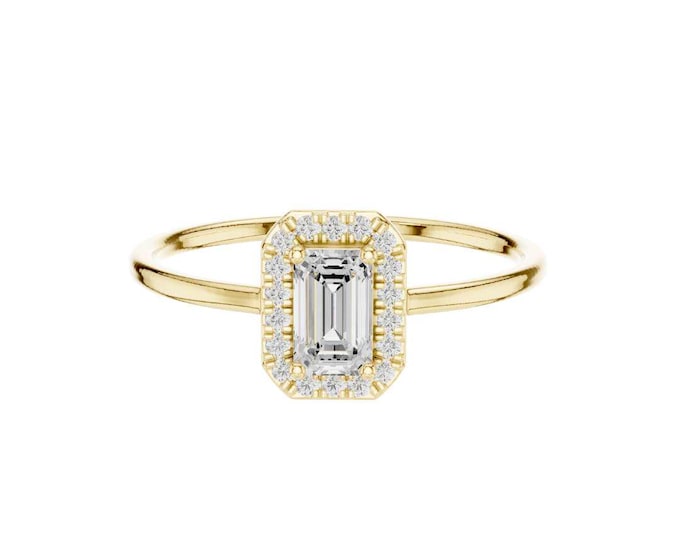 Classic Emerald Cut Diamond Halo Ring Dainty Engagement Ring Minimalist Ring Delicate Promise Ring Stacking Fine Jewelry Gift for Her