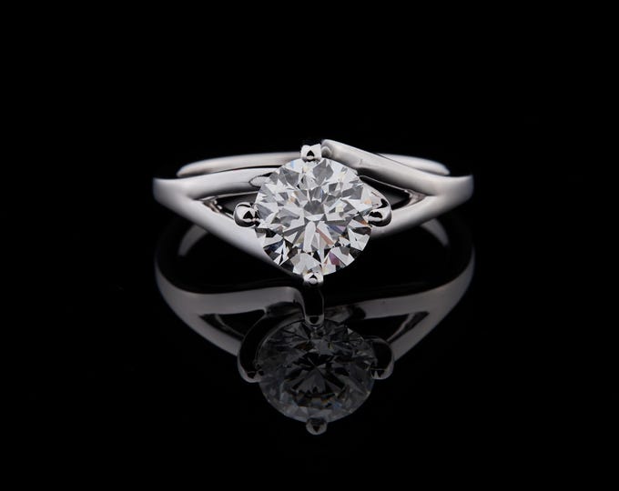 Twist Anniversary Ring Solitaire Round Diamond Moissanite in White Gold Unique Modern Promise Ring Elegant Minimalist Wedding Jewelry Gift