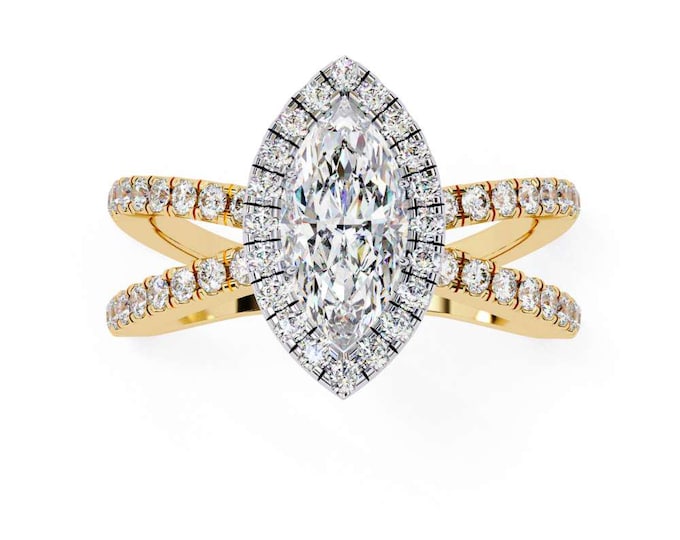 Marquise Cut Halo 1.30 TCW Diamond Ring with Criss Cross Pave Band Elegant Solitaire Ring Luxury Wedding Band Fine Anniversary Jewelry Gift