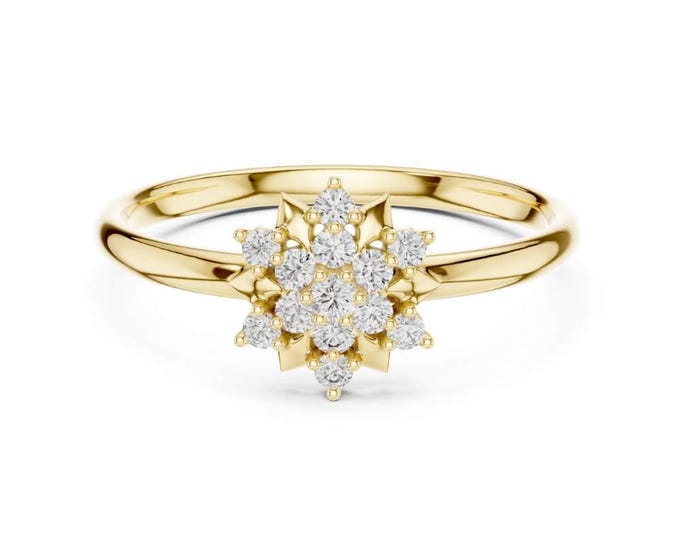 0.096 CT Vintage Starburst Diamond Cluster Ring in Yellow Gold Dainty Floral Engagement Ring Celestial Inspired Bridal Jewelry Unique Ring