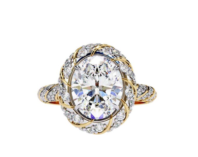 Vintage Oval Moissanite Ring with Twisted Gold Halo Art Deco Inspired Ring Ethical and Sustainable Bridal Jewelry Custom Fine Jewelry