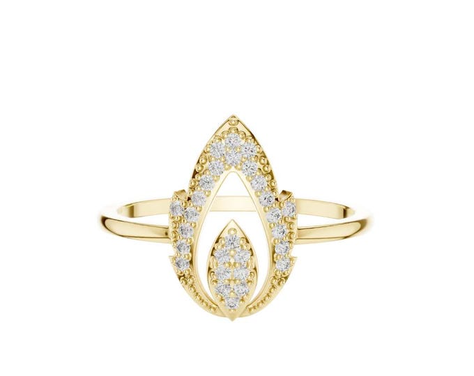 Vintage Teardrop Ring Dainty Flame Shape Ring with Round Moissanite Stones Unique Boho Gold Ring Delicate Gift Elegant Wedding Stacking Ring